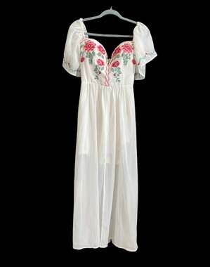 Soiéblu White Floral Embroidered Corset Mesh Maxi Dress Puff Sleeve Romantic